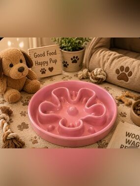 Large 🐾 Pink Ceramic Pet Bowl 🐾 - Slow Feeder